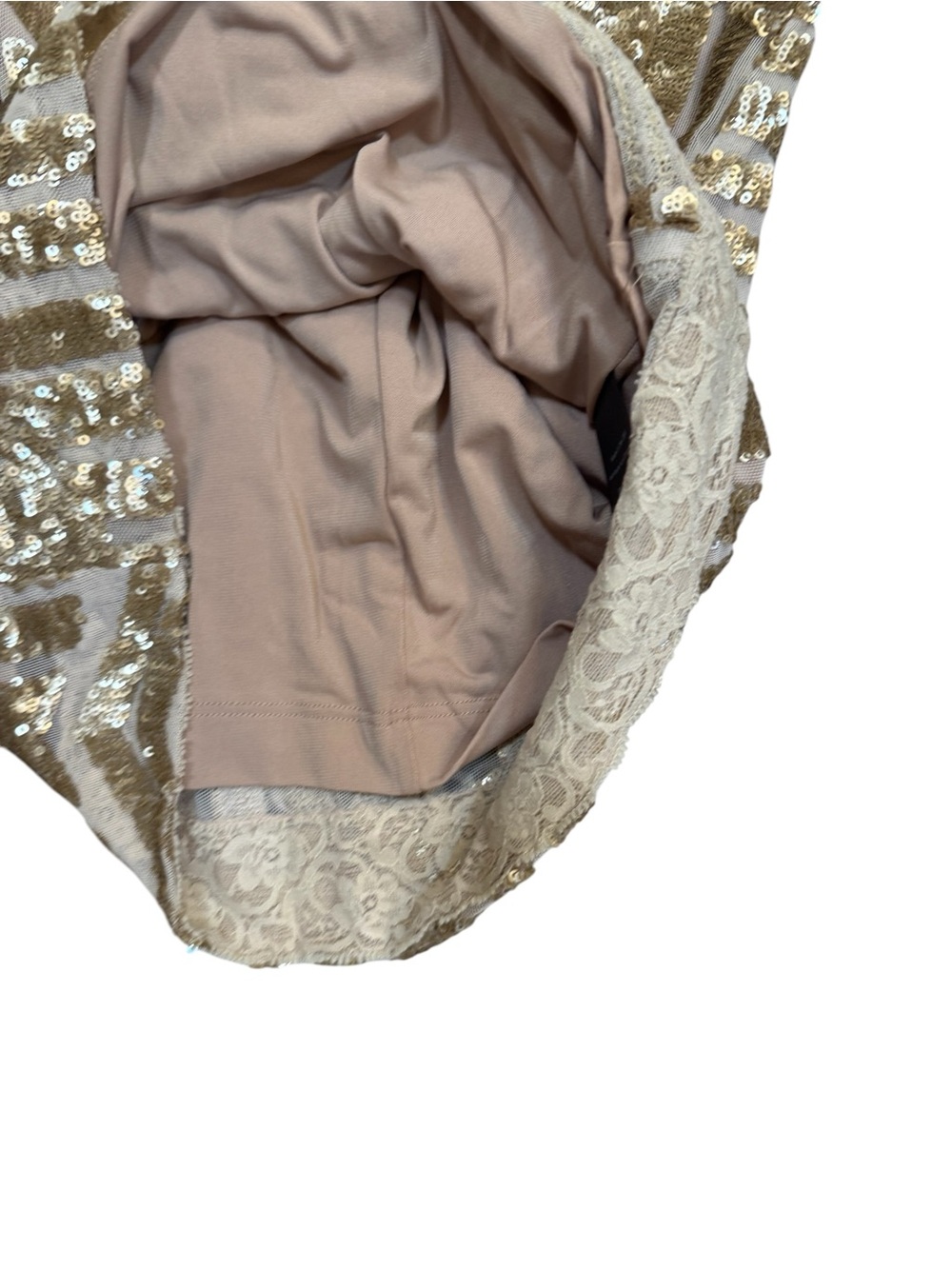 Dress the Population Tabitha Sequin Mini Dress Gold Nude Art Deco Open Back M - Picture 9 of 11